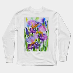 Irises Flowers Watercolor Painting Long Sleeve T-Shirt